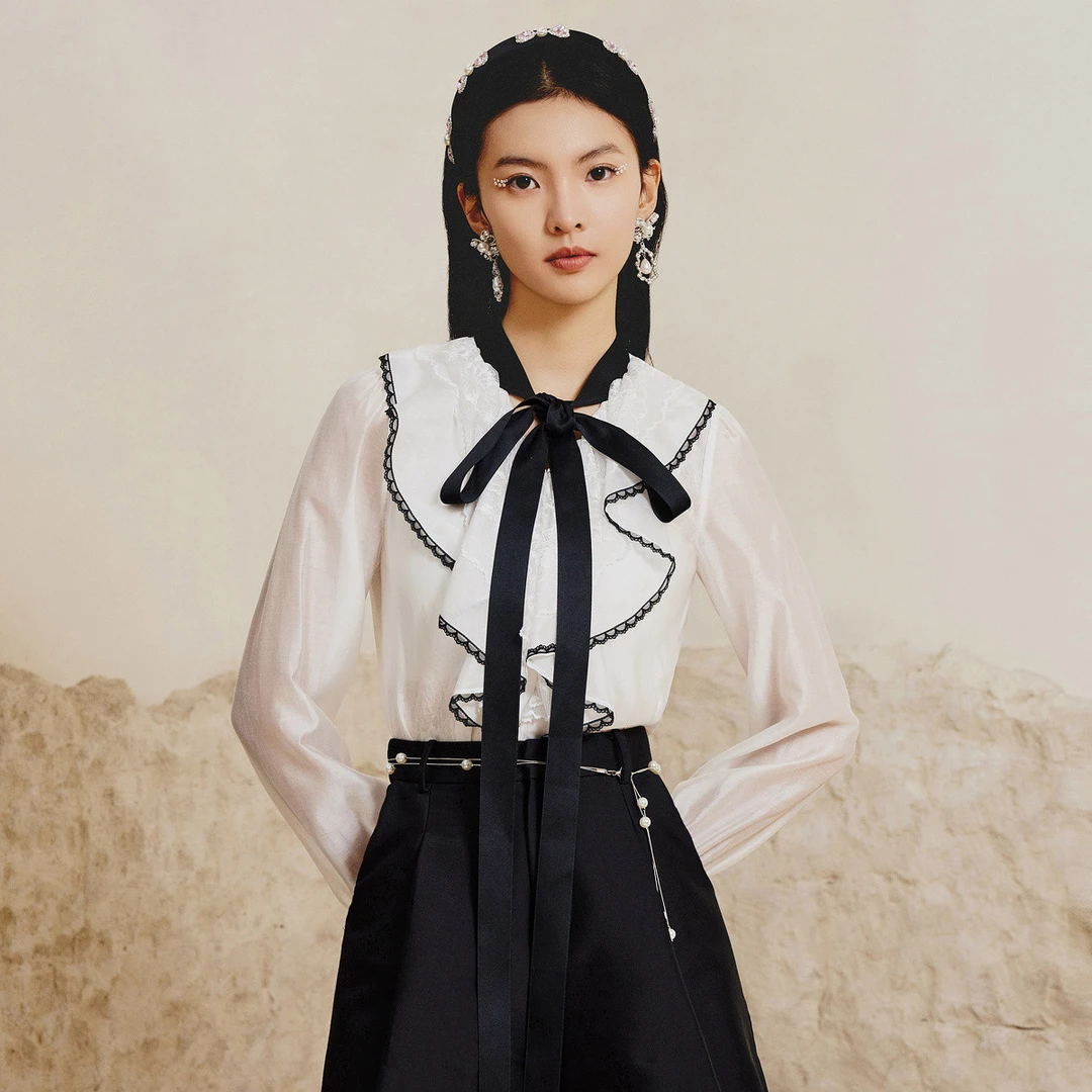 【老板娘夏天】MAXRIENY复古感蝴蝶结蕾丝雪纺衫2023春季新款衬衫女