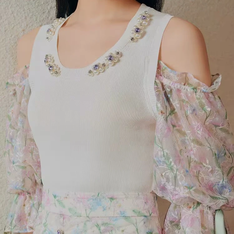 【老板娘夏天】MAXRIENY钉珠设计感拼接雪纺碎花泡泡袖针织背心