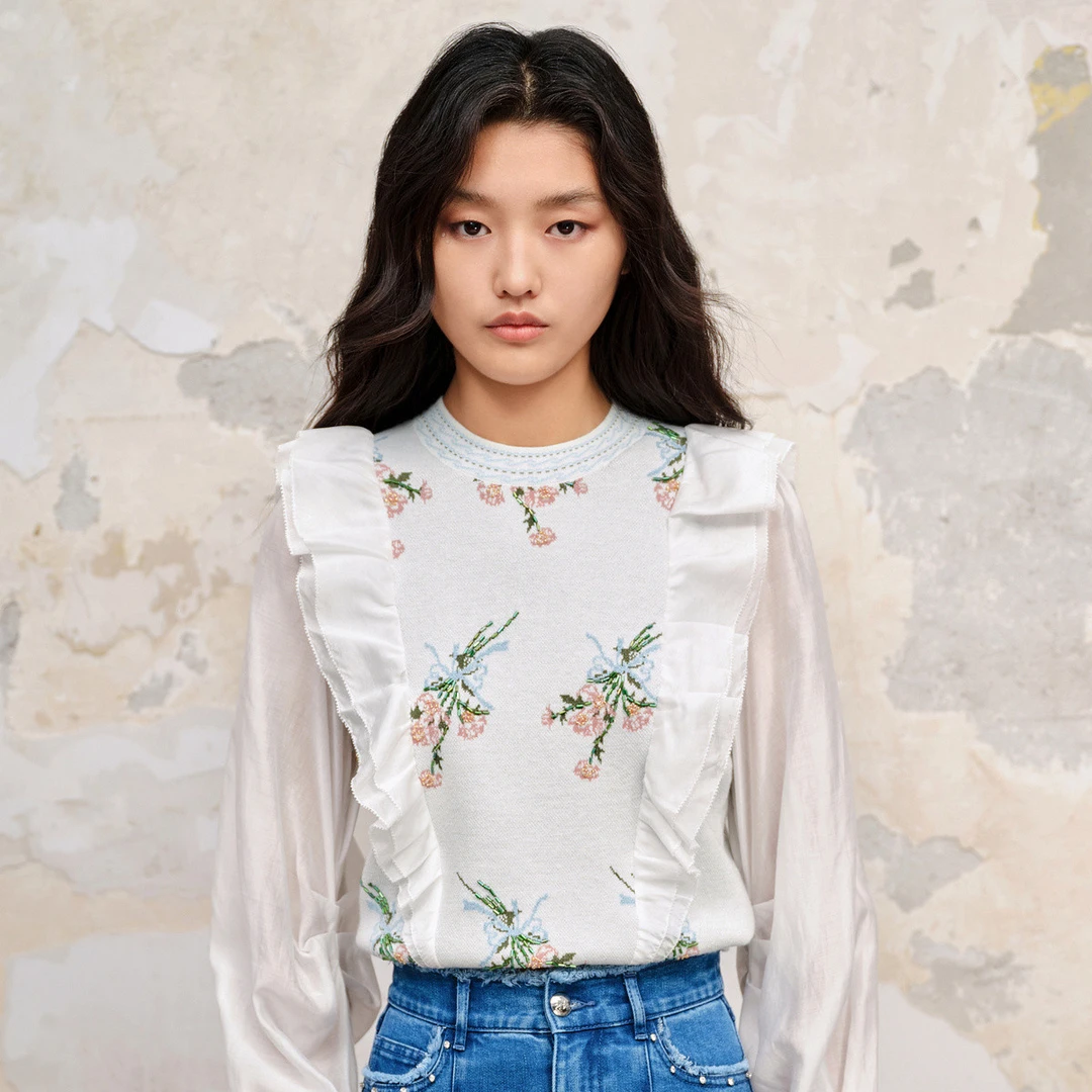 【高高甄选】MAXRIENY田园浪漫感拼接套头针织23秋季修身上衣