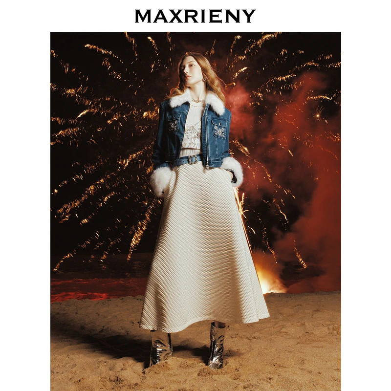 【专用】MAXRIENY精致复古感半裙经典A型廓形牛仔拼接裙子