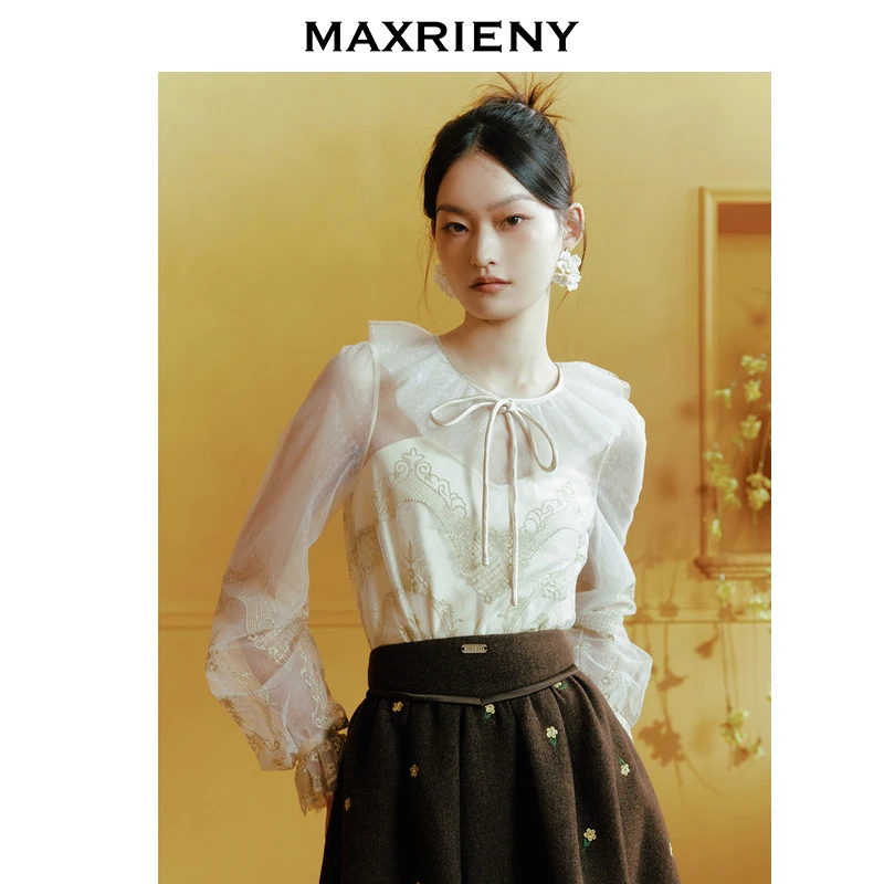 【达人专属】MAXRIENY华丽蕾丝蝴蝶结上衣年长袖提花上衣