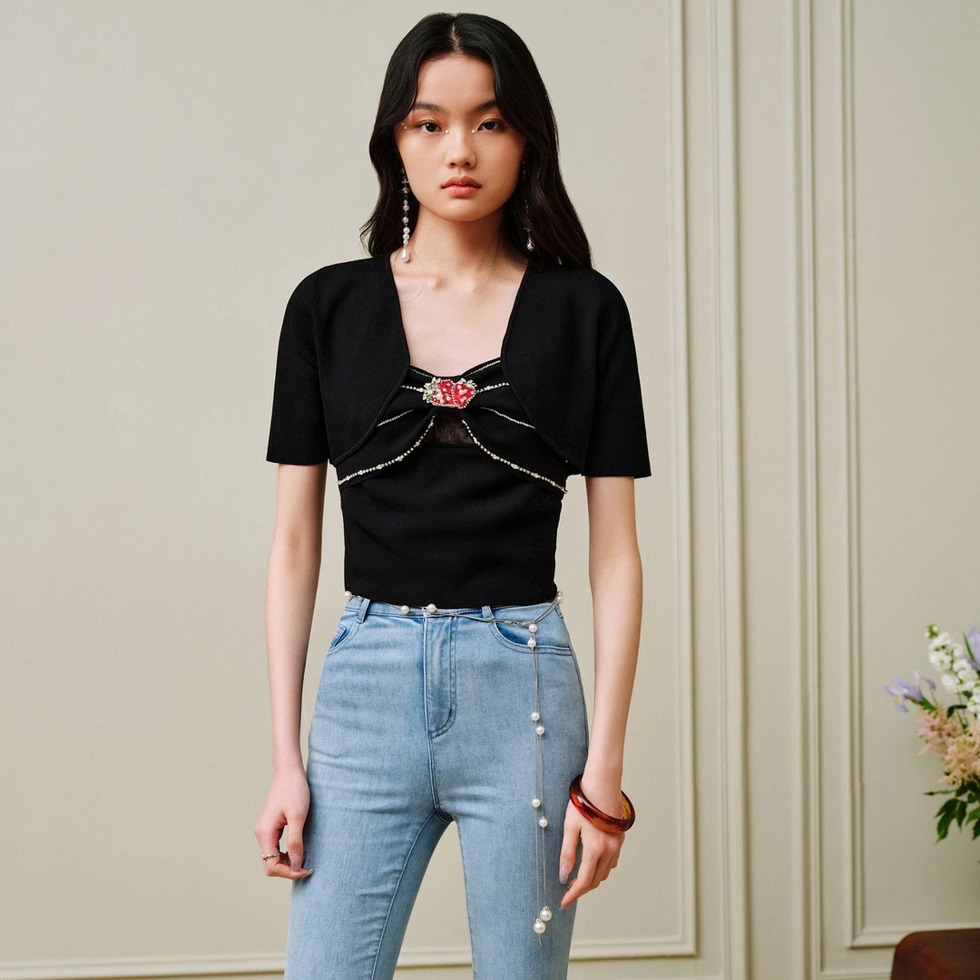 【蜜思仝】maxrieny精致感重工绣花针织衫套头上衣莓套装