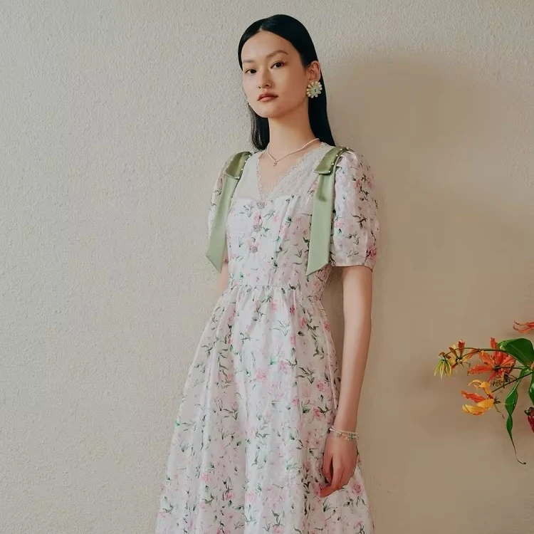 【千颂妮专属】MAXRIENY欧式园艺风碎花连衣裙飘带茶歇裙薄荷曼波