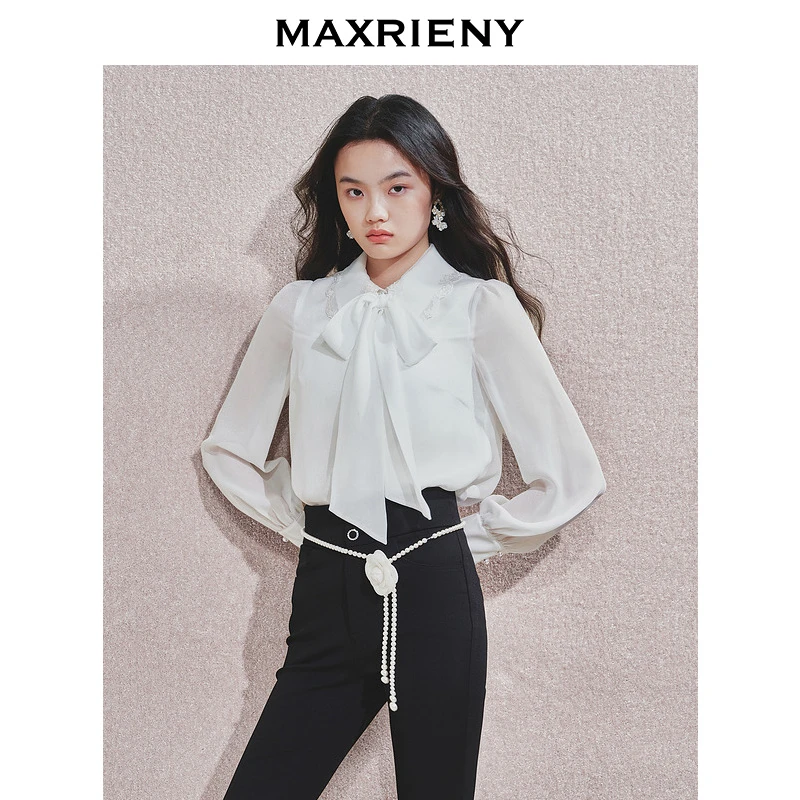 【蜜思仝】MAXRIENY精致浪漫感蕾丝雪纺衫秋冬新款气质衬衫上衣