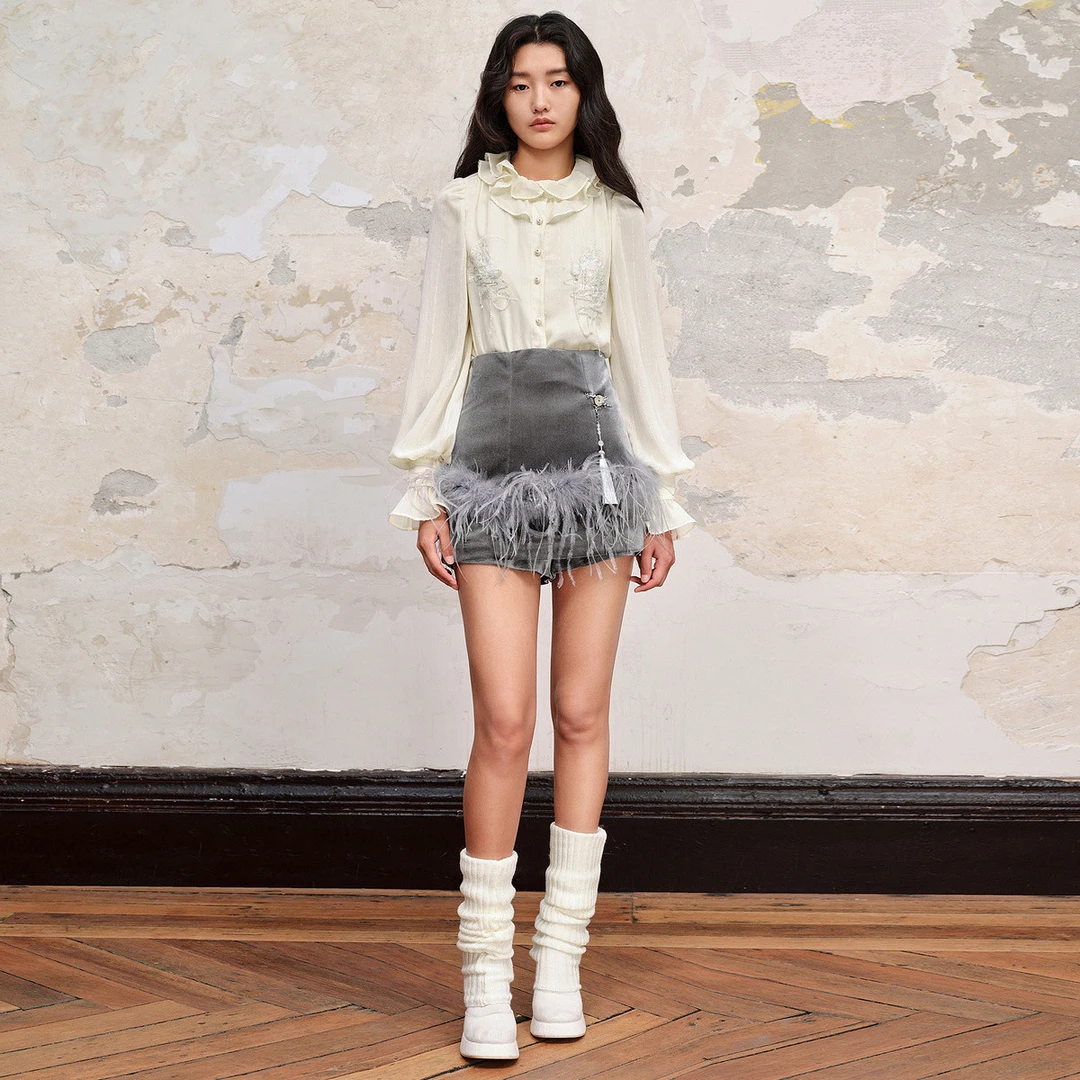 【小呆鸟专享】MAXRIENY精致新中式丝绒短裤裤裙格雷系穿搭