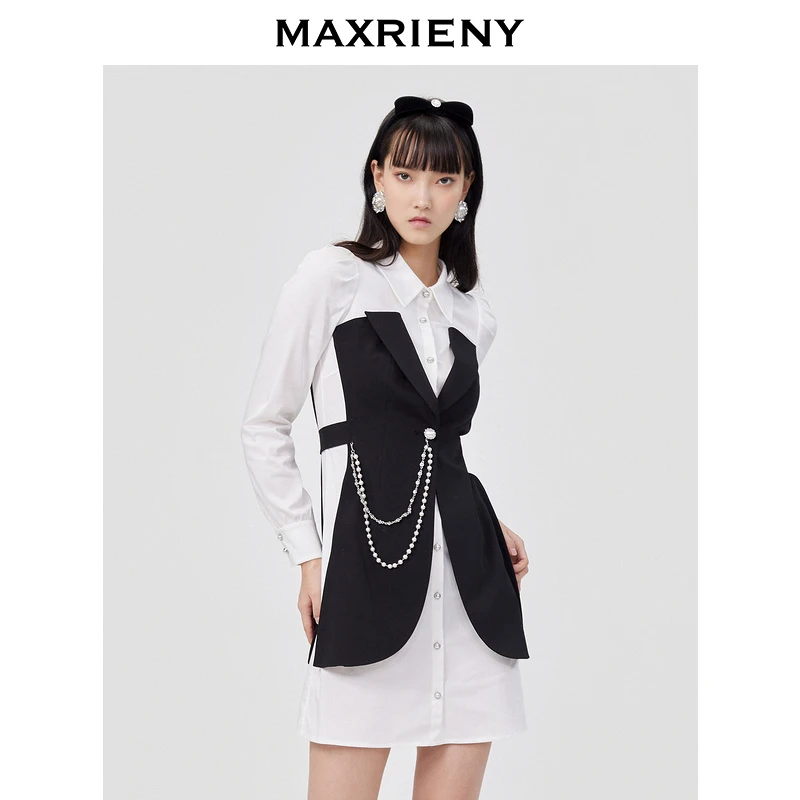 【老板娘夏天】maxrieny显瘦衬衫裙女春季新款假两件撞色连衣裙