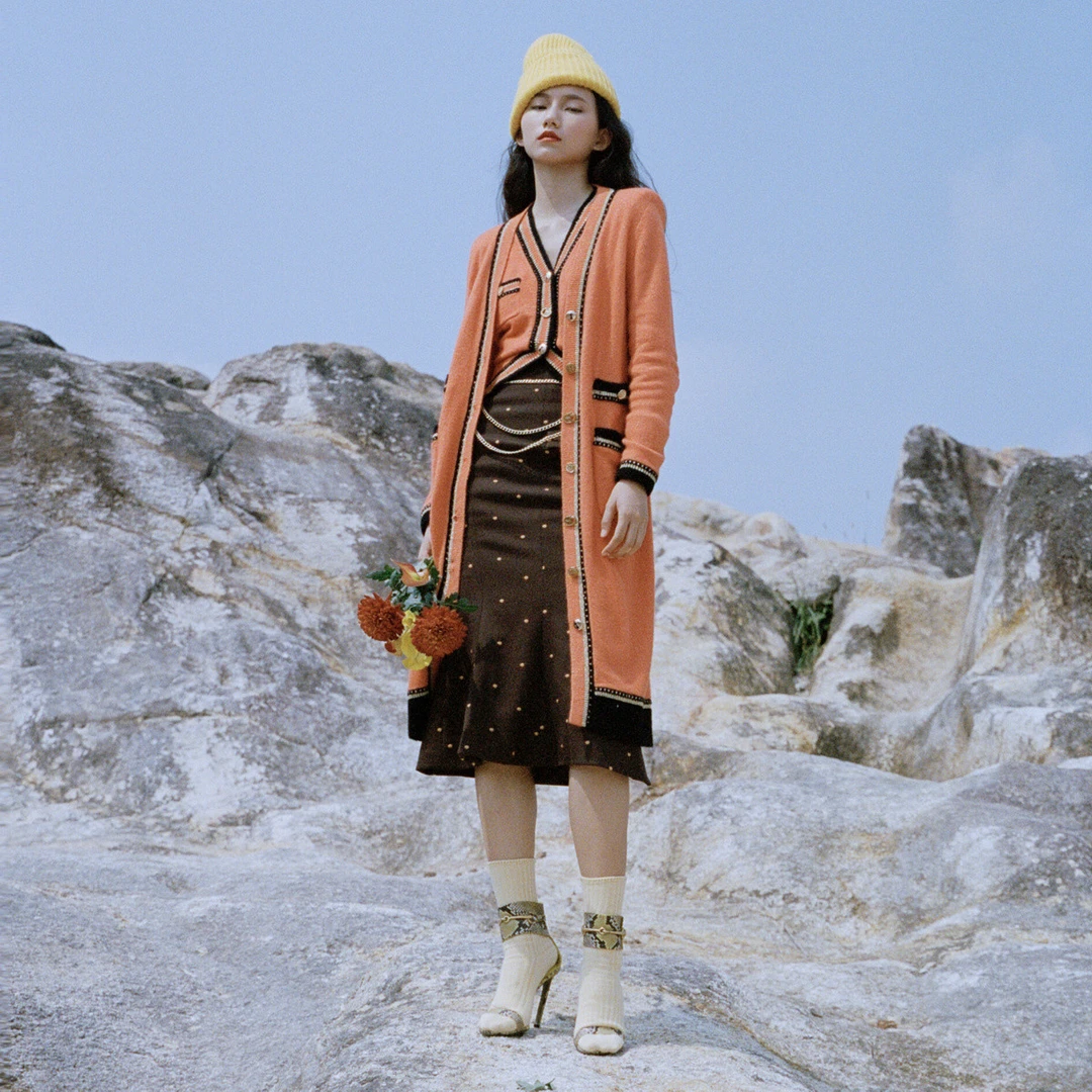 【高高甄选】橙色撞边毛织长外套开衫长大衣毛衫针织