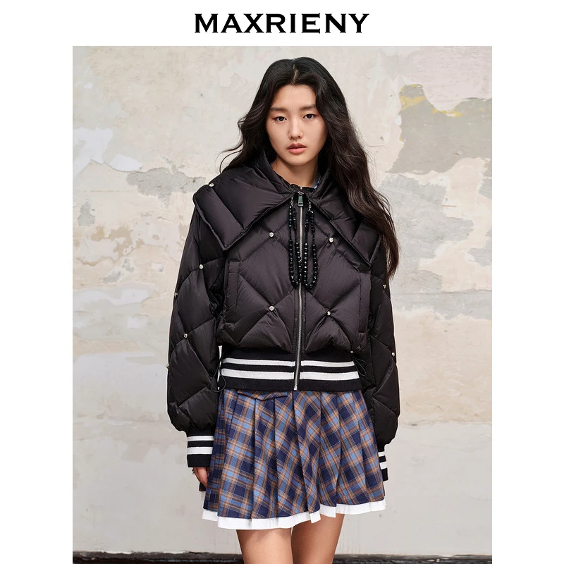 【昕昕严选】MAXRIENY收褶大翻领星钻夹克羽绒服廓形截短版型女