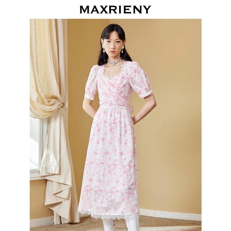【黄蓉专属】MAXRIENY方领印花茶歇裙蝴蝶结连衣裙裙子蕾丝