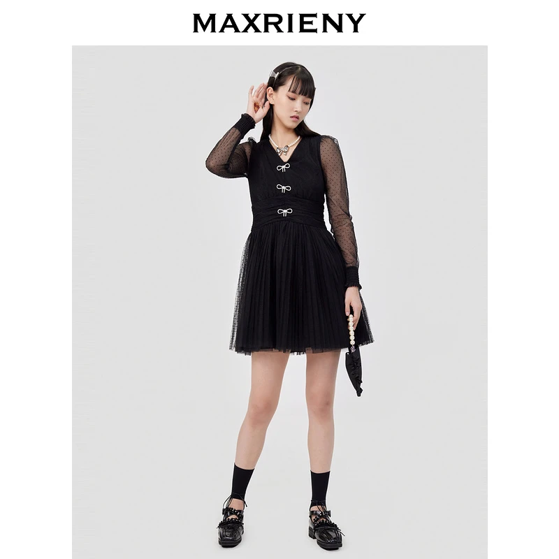 【高高甄选】maxrieny波点连衣裙女春款网纱蕾丝短裙洋气