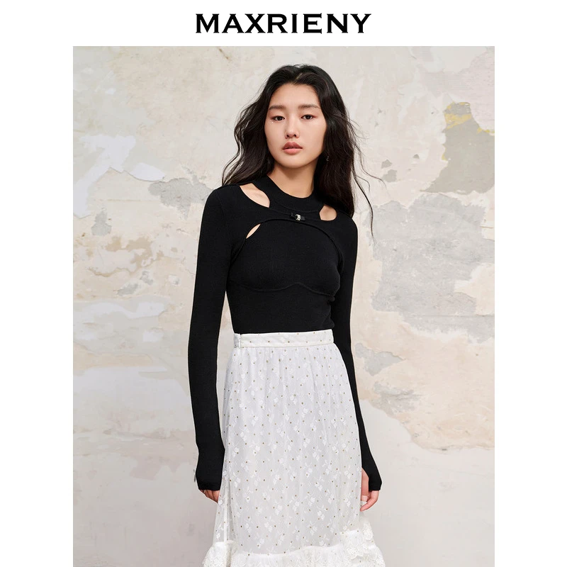 【千颂妮专享】MAXRIENY黑色解构镂空套头针织长袖修身上衣女