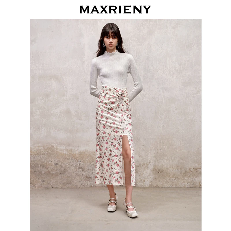 【高高甄选】MAXRIENY冬百搭半身裙长款开叉碎花高腰显瘦
