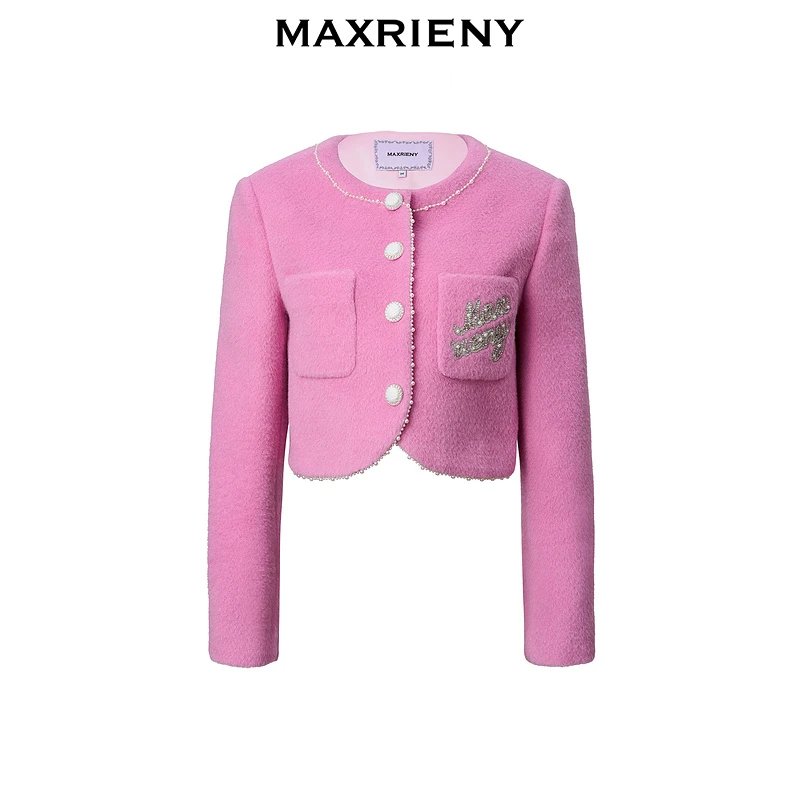 【陈大可专属】MAXRIENY浪漫芭比粉外套冬新款珍珠钉珠刺绣设计感