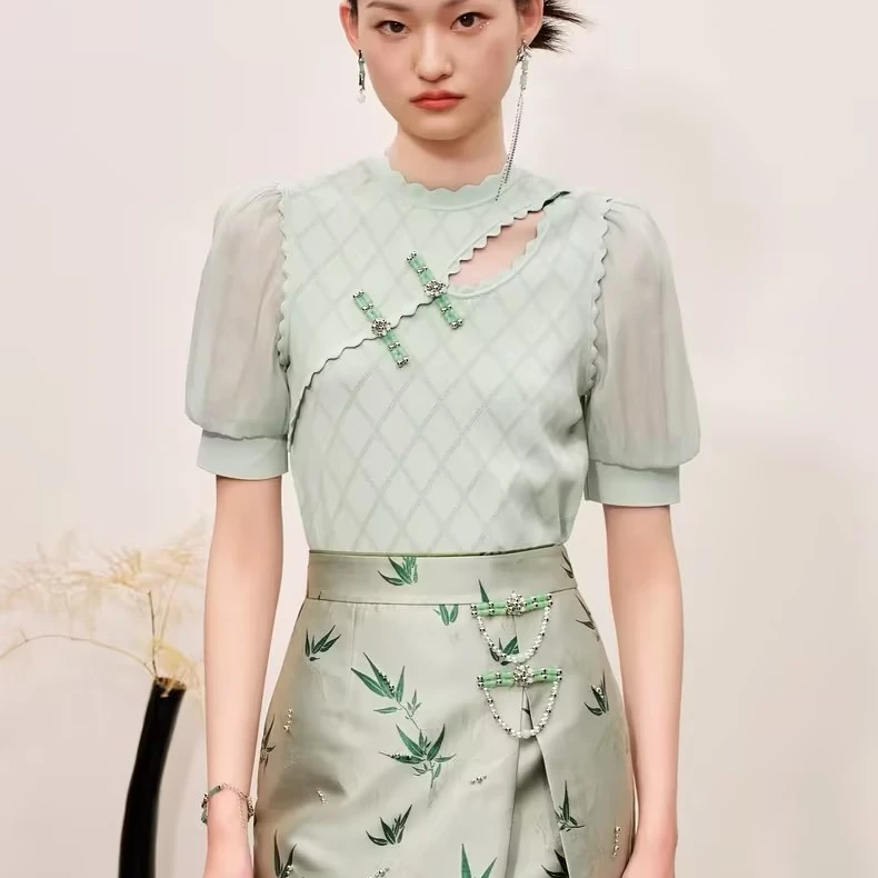 【蜜思仝】MAXRIENY新中式格纹镂空套头针织上衣薄荷漫波风