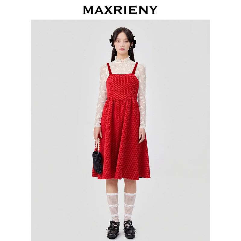 【高高甄选】MAXRIENY提花连衣裙春季新款新年红吊带裙中长款