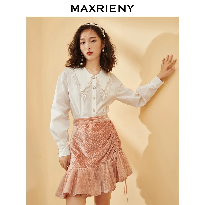 【高高甄选】MAXRIENY抽褶半身裙a字裙短裙绒面裙半裙蕾丝设计感