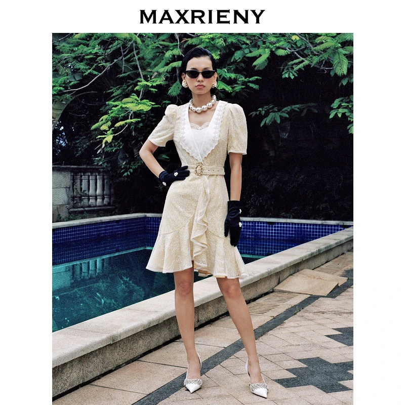 【高高甄选】MAXRIENY搭片围裹式短裙夏季蕾丝波点连衣裙