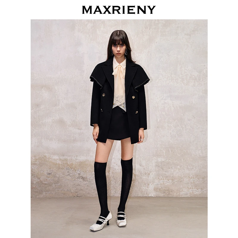 【老板娘夏天】MAXRIENY复古蕾丝翻领外套新款双面呢羊毛大衣黑色短