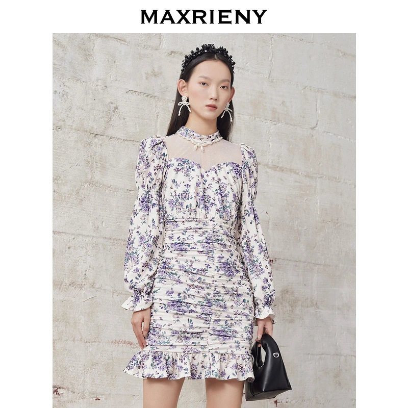 【高高甄选】MAXRIENY秋冬连衣裙法式收腰碎花甜美拼接鱼尾裙