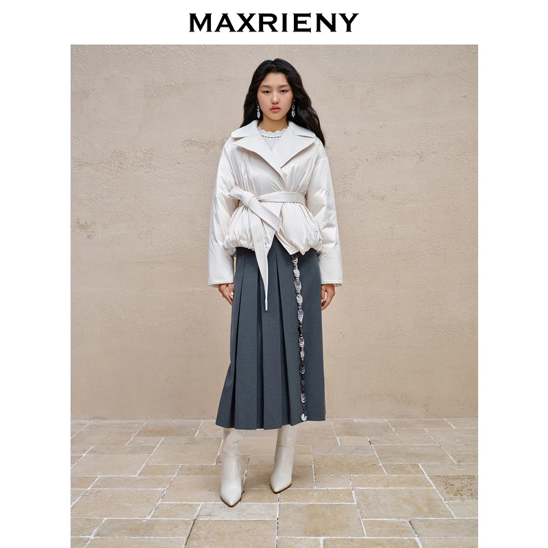 【专用】MAXRIENY精致复古感闪亮半裙烟灰色百褶裙