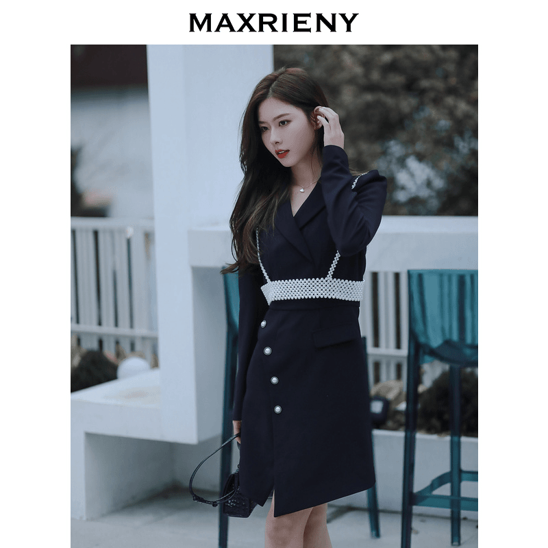 【程钱钱】MAXRIENY珍珠吊带西装裙女泡泡袖连衣裙气质法式复古