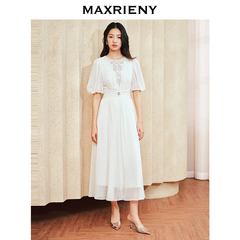 【诗语专属】MAXRIENY静奢风收褶连衣裙约会裙子领证小白裙茶歇裙