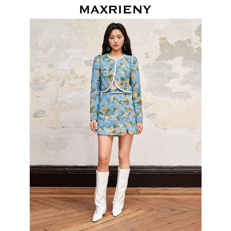 【媛媛女王】MAXRIENY欧式扶桑花提花半裙新款直筒短裙