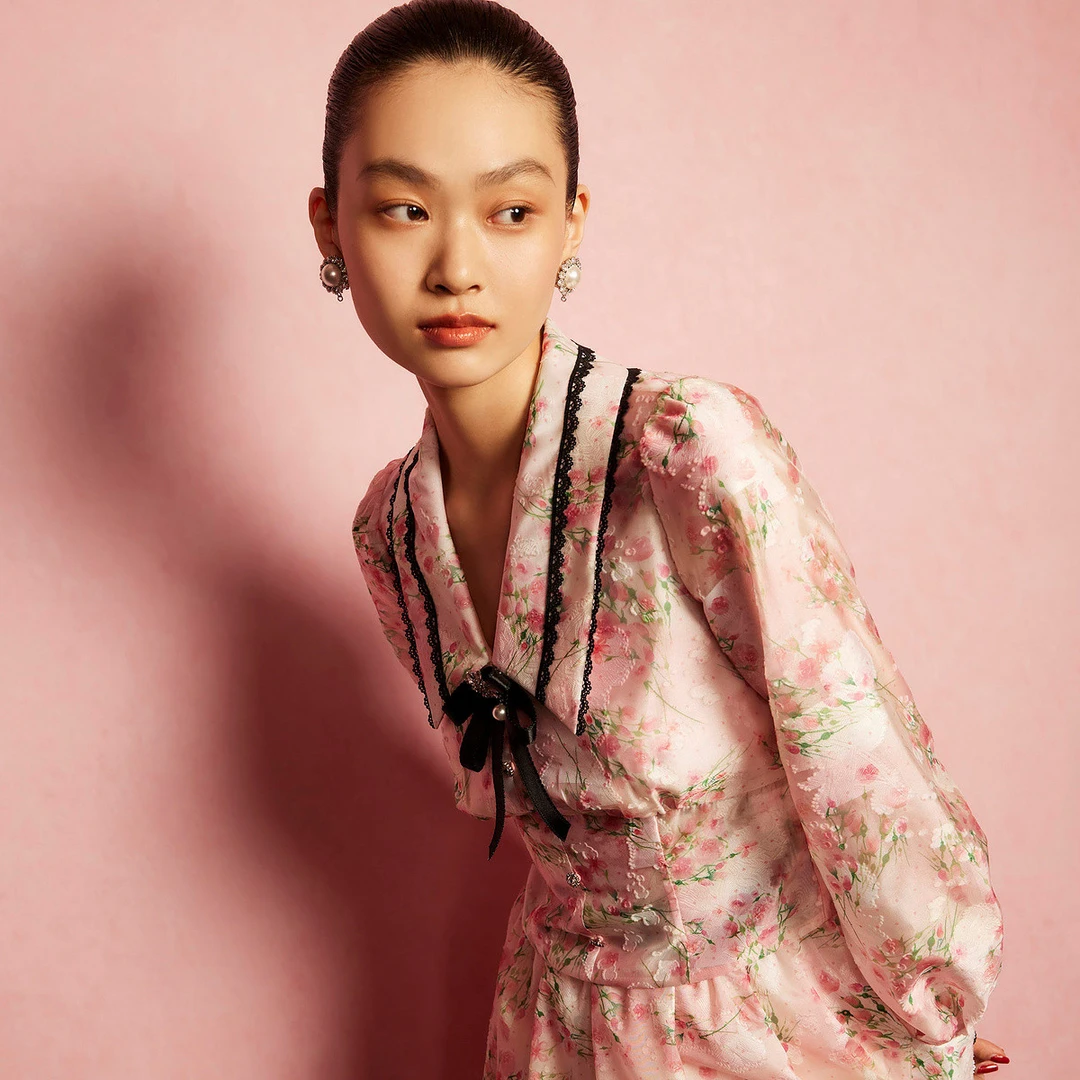 【蜜思仝】MAXRIENY宫廷风桃花收腰上衣雪纺衫法式别致漂亮小