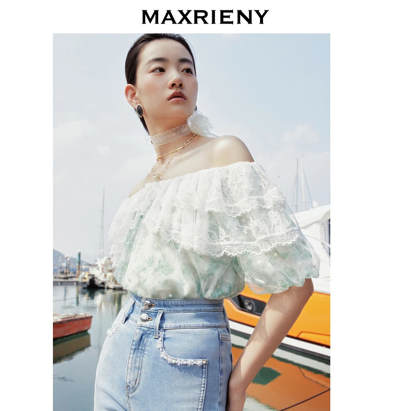 【媛媛女王】MAXRIENY甜美田园风一字肩雪纺衫荷叶边上衣