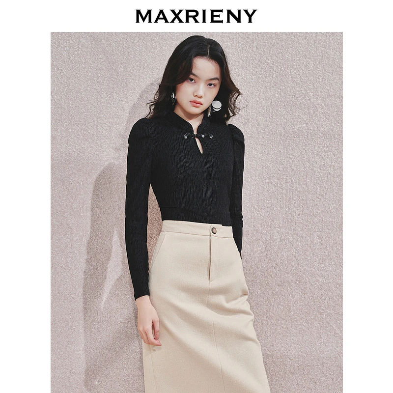 【诗语专属】MAXRIENY上衣收腰显瘦女秋冬领泡泡袖套头针织衫