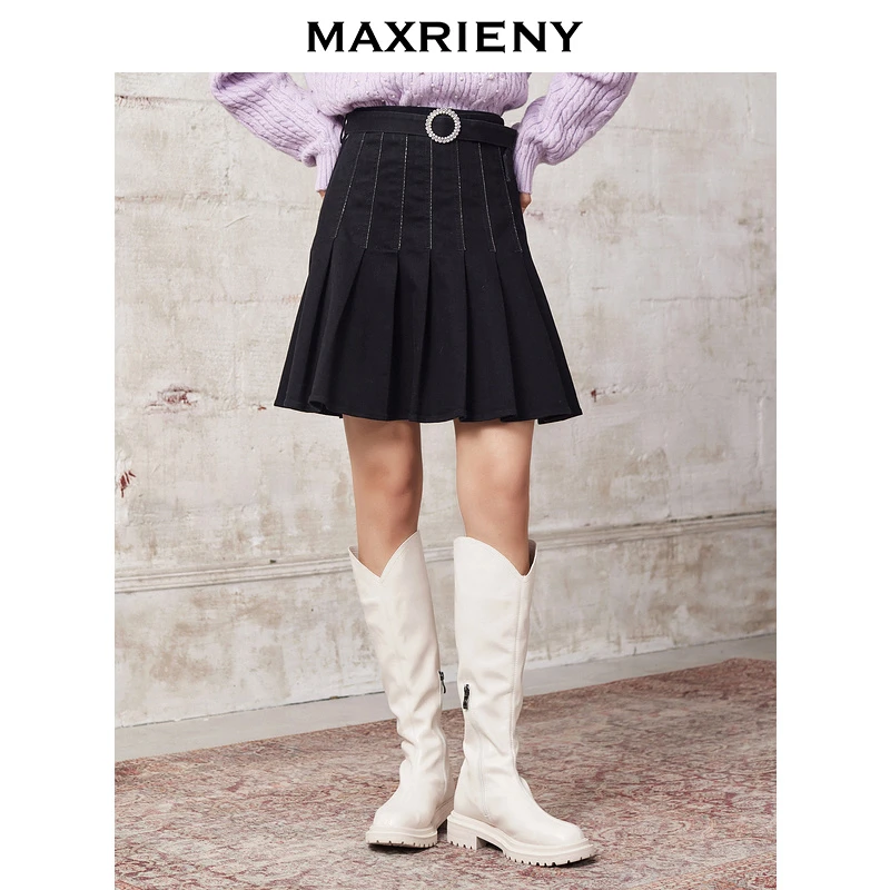 【小余专属】MAXRIENY学院风半身短裙洋气高腰秋冬显瘦百褶裙黑色