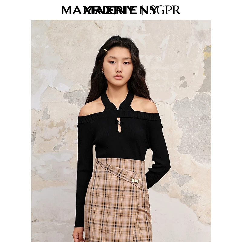 【诗语专属】MAXRIENY露肩套头针织秋款修身上衣女针织长袖黑色