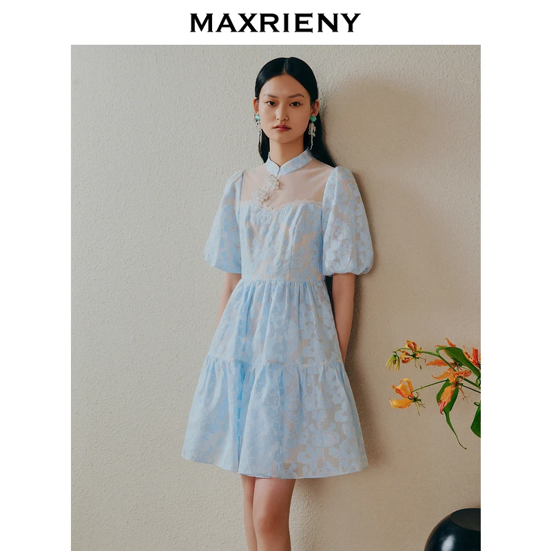 【高高甄选】MAXRIENY新中式显瘦娃娃裙连衣裙薄荷曼波方领碎花