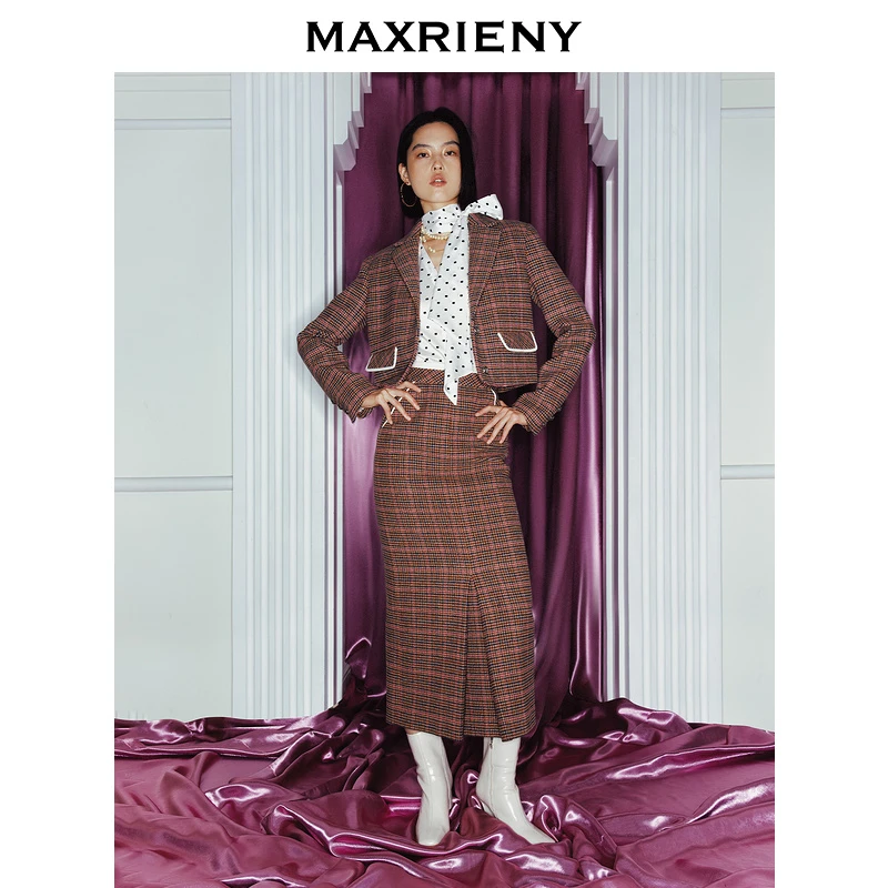 【达人专属】MAXRIENY羊毛格纹半身裙女装半身裙雅丹风穿搭