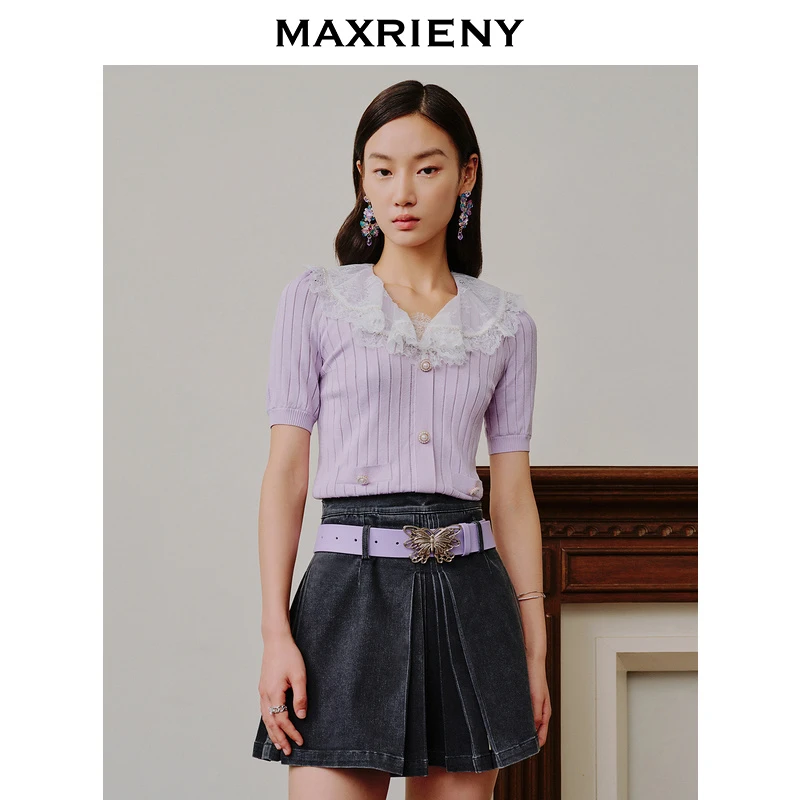 【陈大可专属】蝴蝶仙紫MAXRIENY森系精灵蕾丝拼接针织上衣