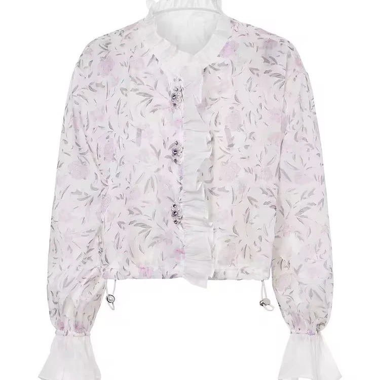 M-MAXRIENY玫瑰印花衬衫套装甜美浪漫感欧根纱外套