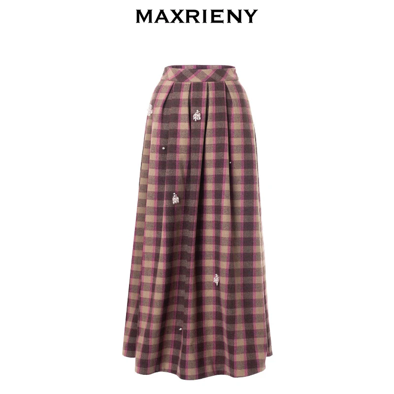 【蜜思仝】MAXRIENY浪漫流苏半裙24年冬高腰毛呢千鸟格纹半裙