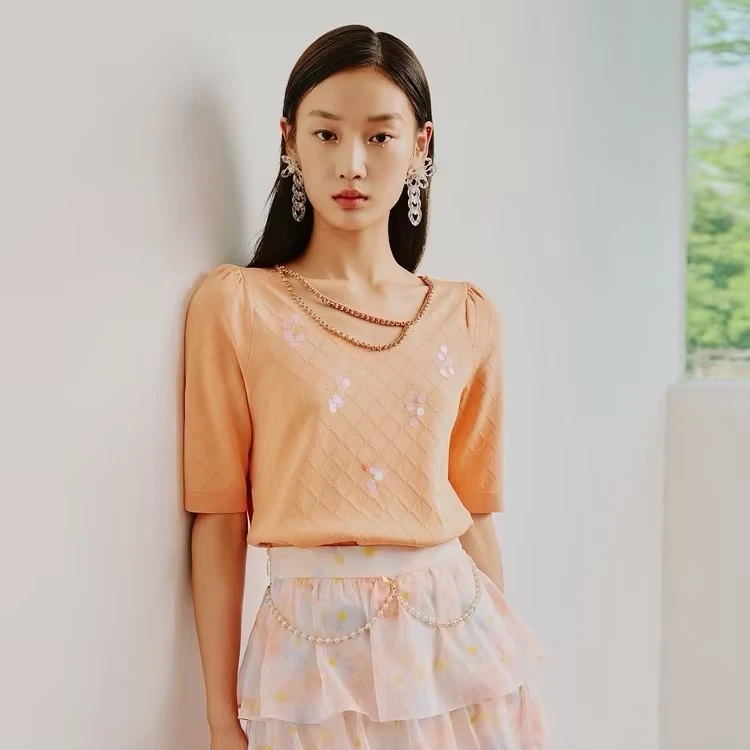 【专用】MAXRIENY别致肌理感上衣菱形格提花镂空领针织衫