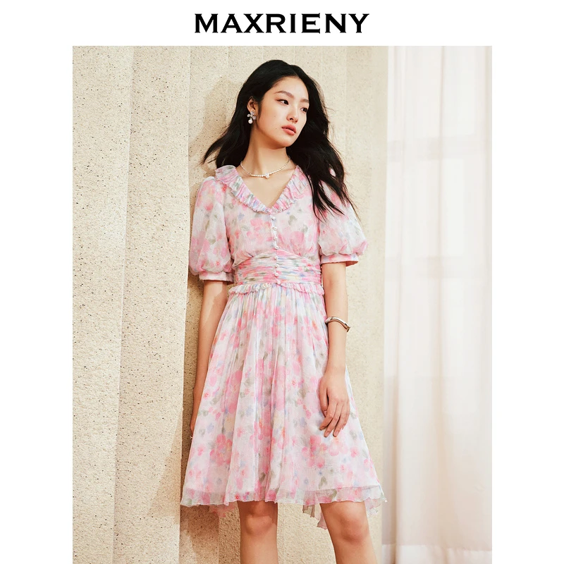 【蜜思仝】MAXRIENY浪漫复古桑蚕丝连衣裙荷叶边春季新款茶歇裙