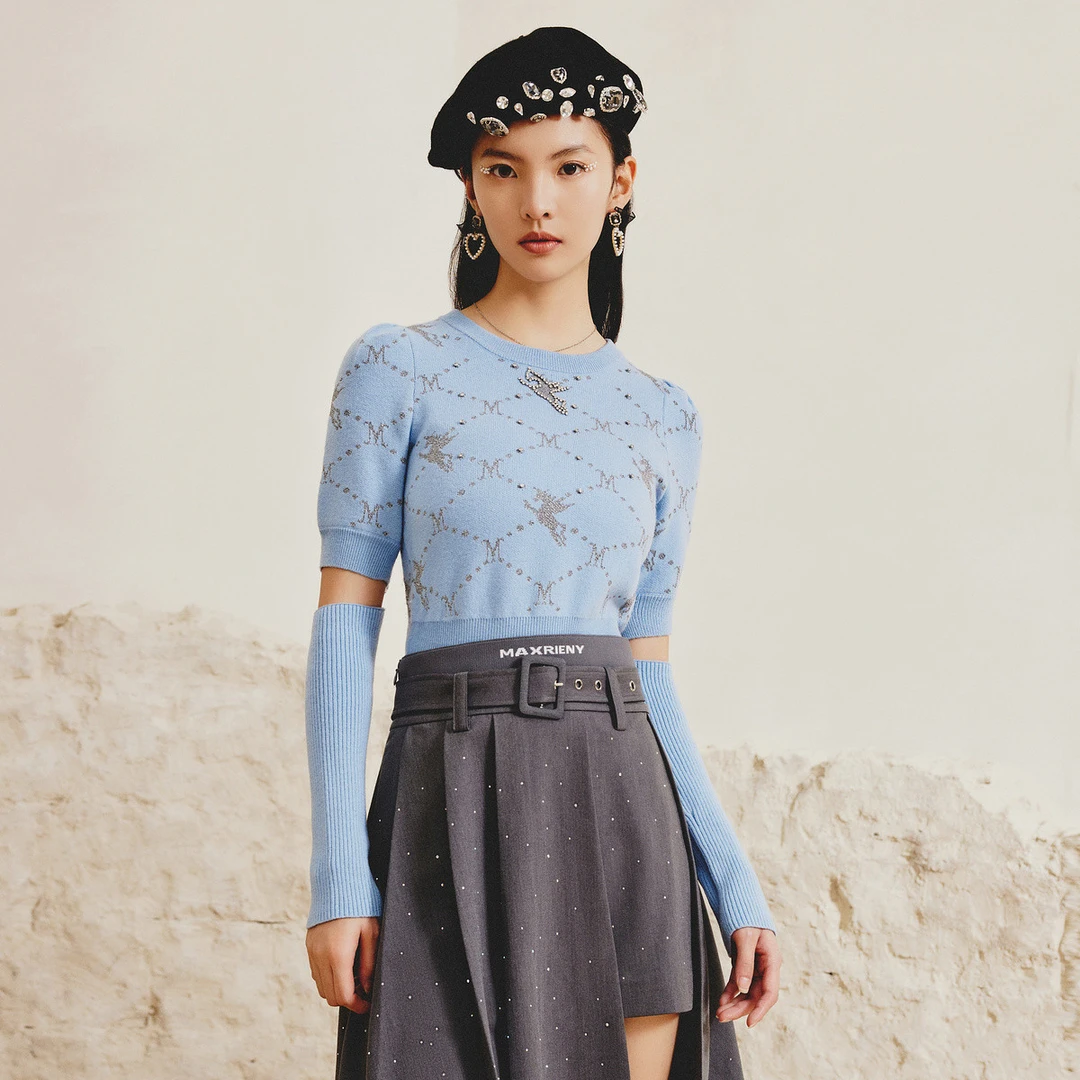 【高高甄选】MAXRIENY经典菱格纹袖套毛衫毛衣新款