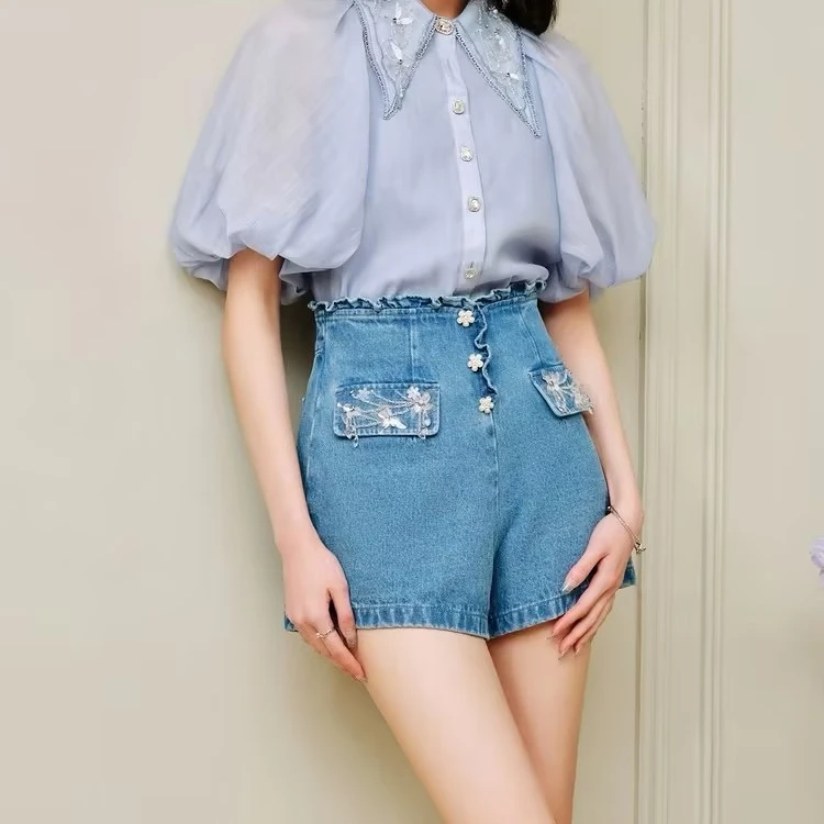 【蜜思仝】MAXRIENY修身显瘦牛仔高腰女毛边牛仔裤多巴胺穿搭蓝色