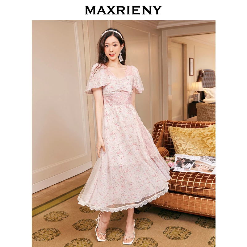 【媛媛女王】MAXRIENY碎花雪纺长裙夏季V领连衣裙重工茶歇裙