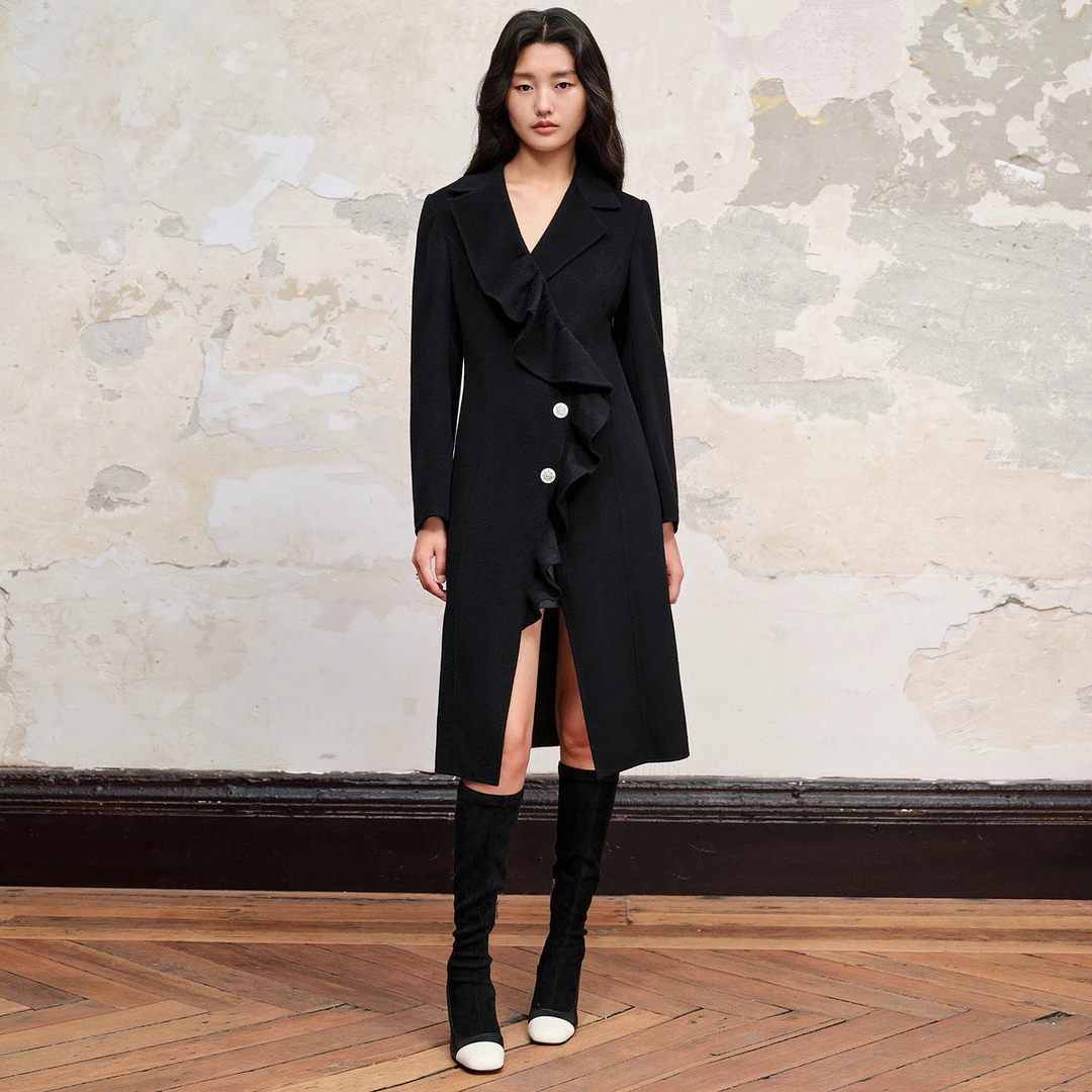 【芊芊专属】MAXRIENY星钻大衣荷叶边翻领双面呢棉羊毛外套