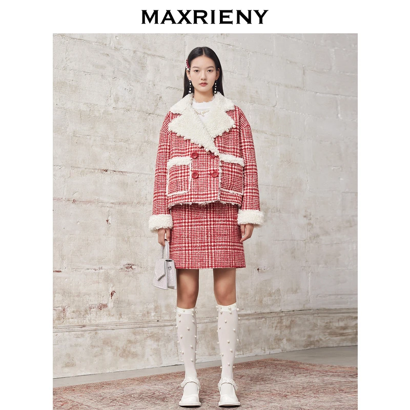【专用】MAXRIENY圣诞粗花呢千鸟格A字裙格字半身短裙时尚