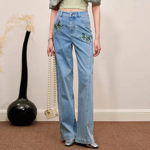 【丫头baby专属】MAXRIENY竹叶提花高腰直筒休闲牛仔裤女