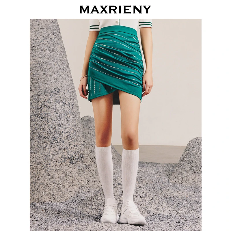 【老板娘夏天】MAXRIENY祖母绿不规则烫钻半裙设计感包臀高腰裙子
