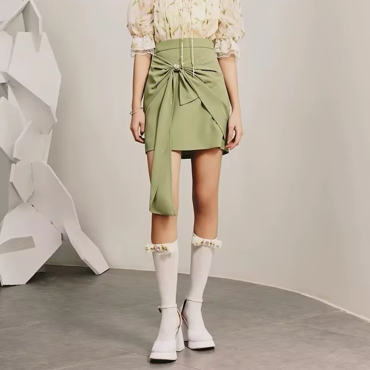【黄蓉专属】MAXRIENY复古感蝴蝶结短裙蝴蝶结飘带半裙薄荷曼波