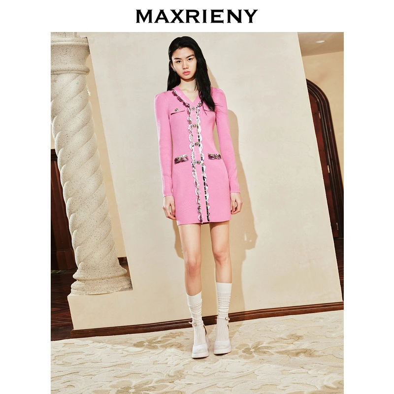 【蜜思仝】MAXRIENYKitty粉v领小香连衣裙裙子女