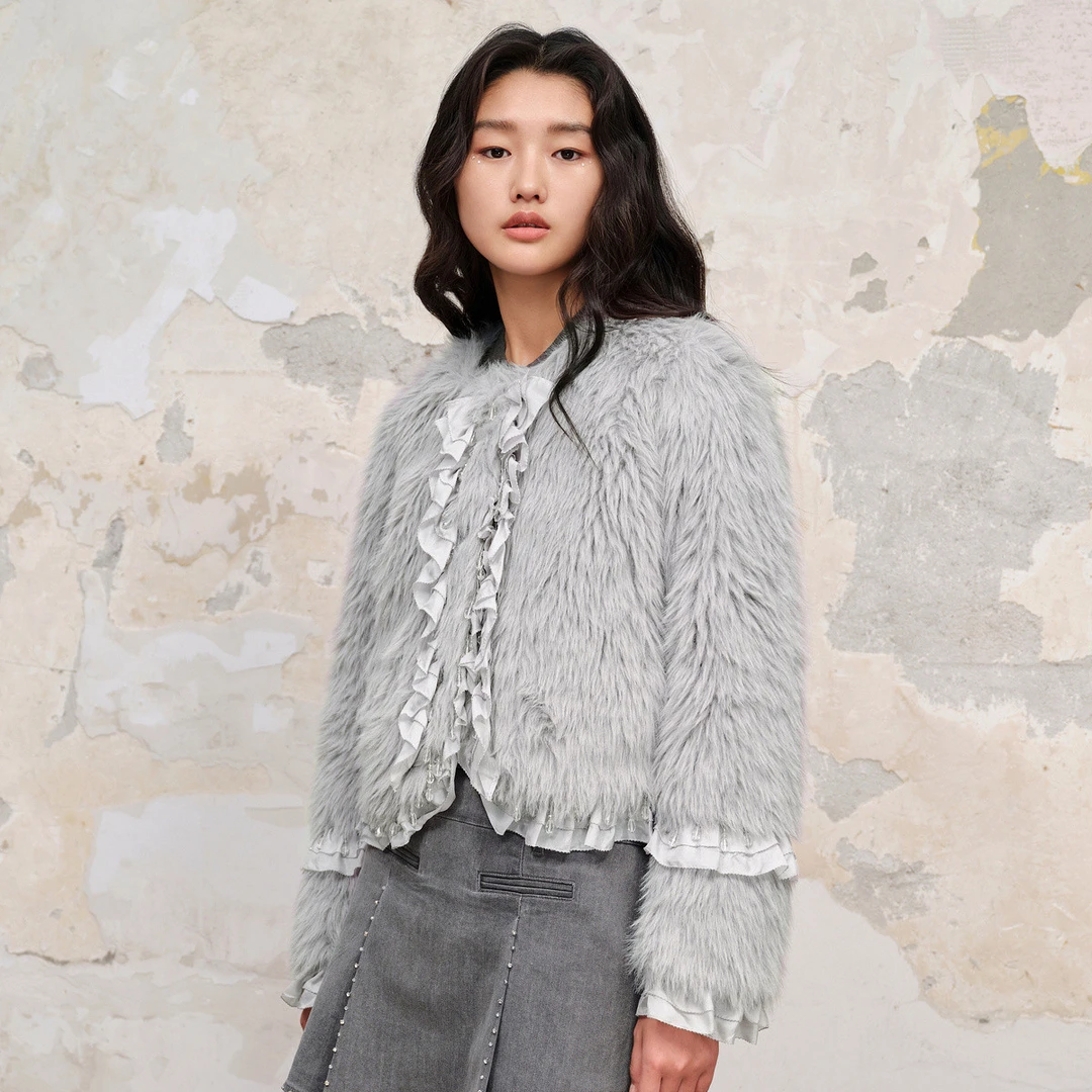 【蜜思仝】MAXRIENY精致复古千金风荷叶边流苏外套女