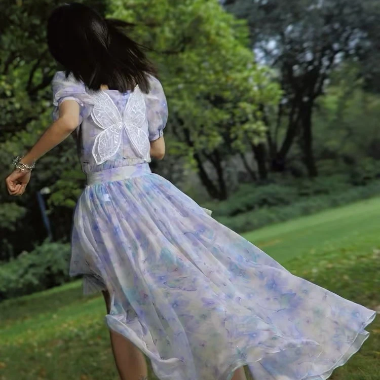 【蜜思仝】MAXRIENY森系精灵风拖尾时尚碎花连衣裙日常夏季泡泡袖